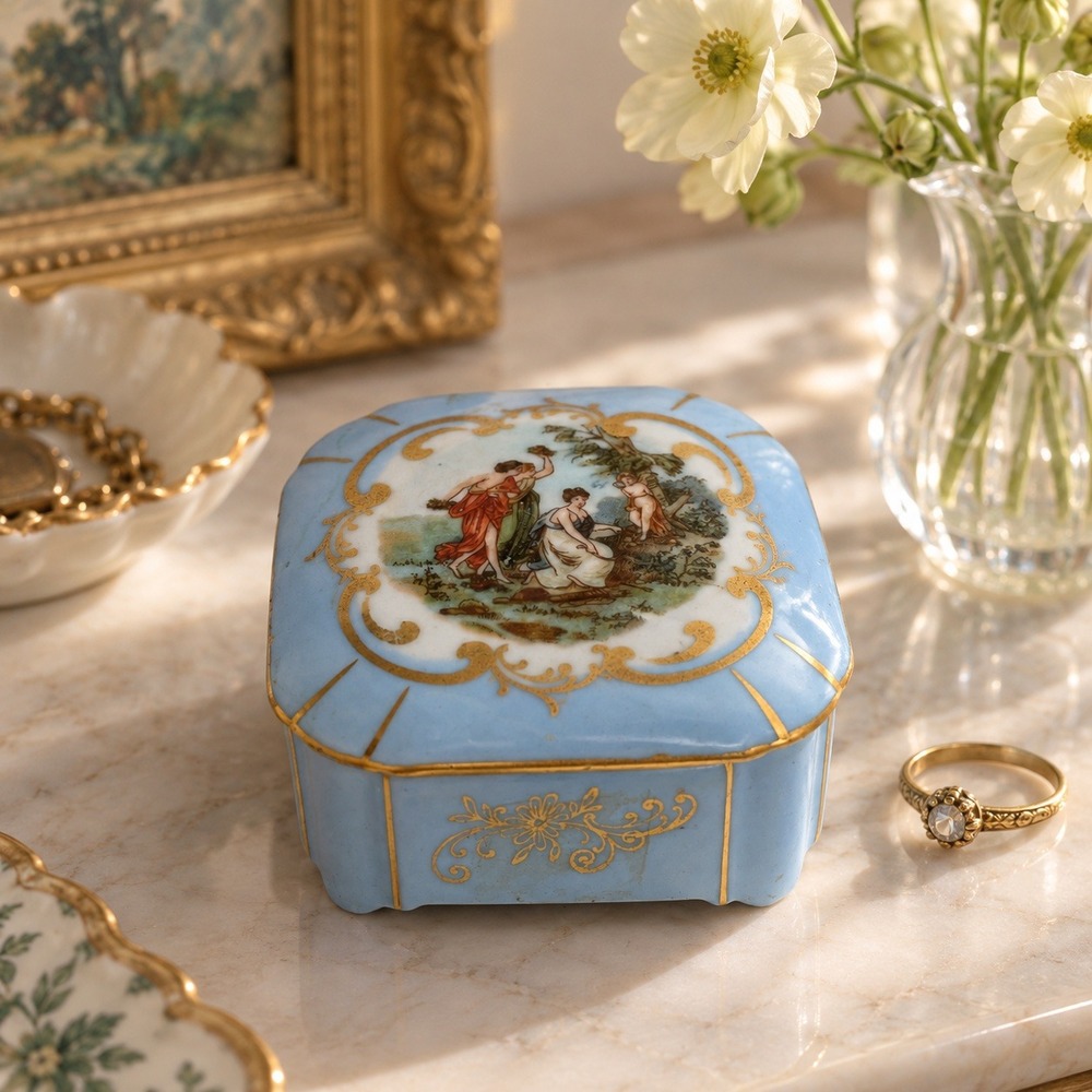 Vintage Elfinware Germany Blue Trinket Box, Romantic Scene Ring Box